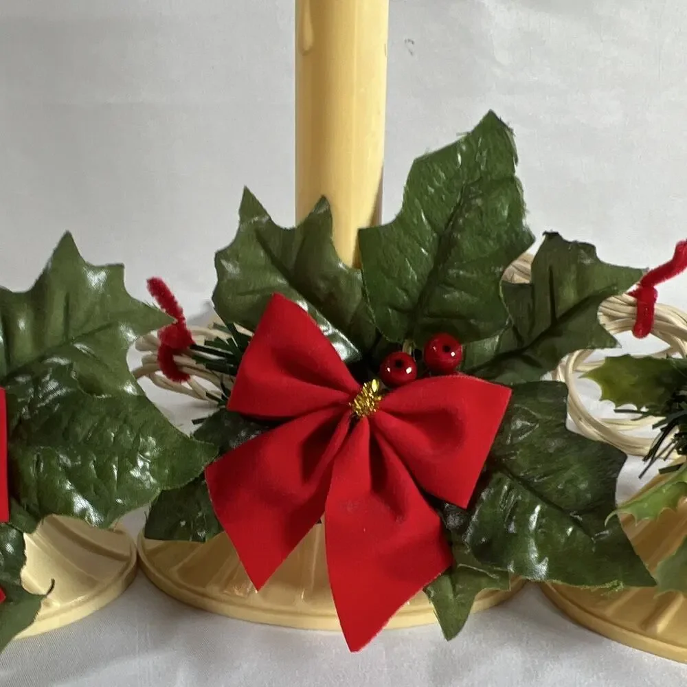 Vintage Set of 4 Plug-In Electric Christmas Window Candle Lights Holly Red Bows